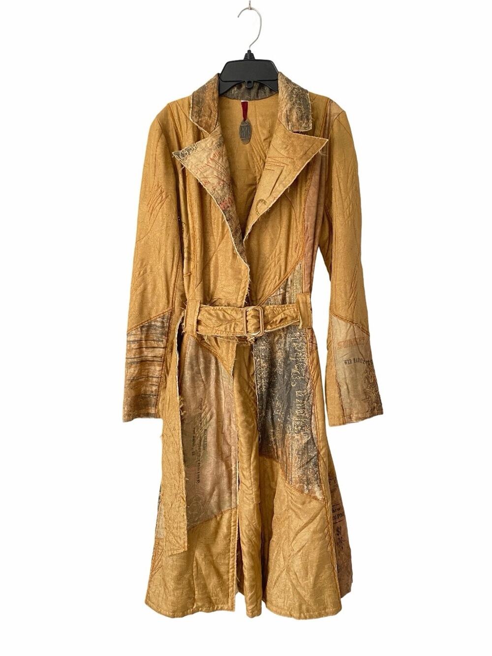 Scissors Paper Rock Vintage Boho Patchwork Trench Coat Tan Embellished Medium
